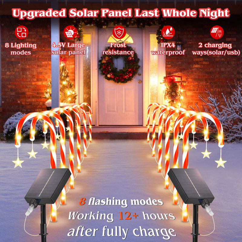 The Holiday Aisle 10 Pcs 19.3In Pathway Christmas Solar Candy Cane Lights With Snowflake 8 Flashing Modes Outdoor Xmas Decorations For Outside Path Walkway Driveway Sidewalk Porch Yard Garden Wayfair